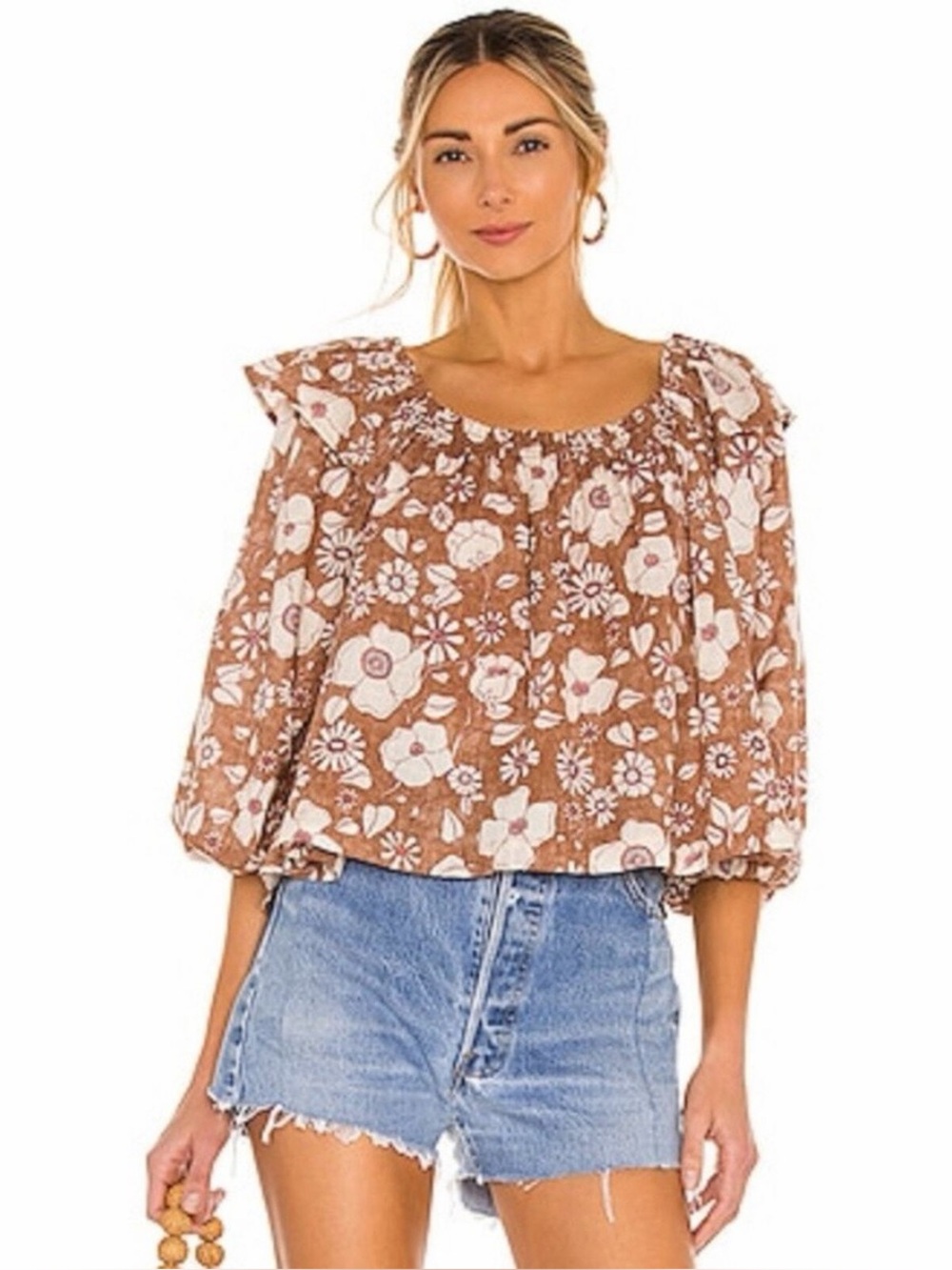 Free People Miss Faisy Vintage Brown Floral Peasant Top